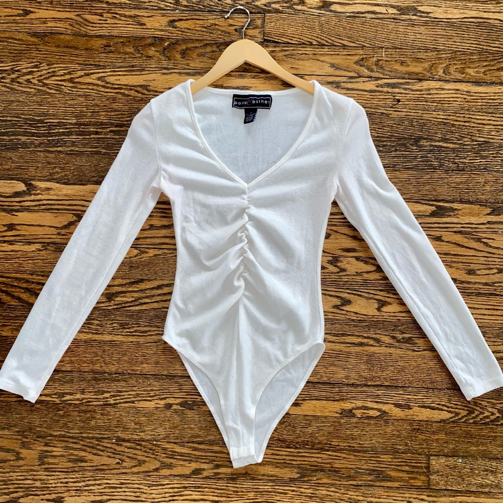 Ruched-Front White Bodysuit, Size Small.
